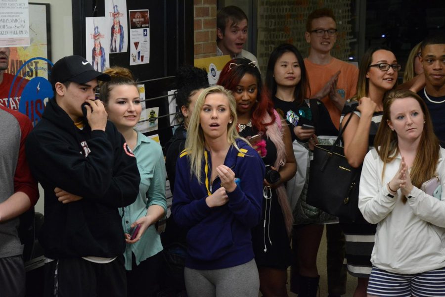 Members of Undergraduate Student Government nervously wait for the results from the elections held from 7am-7pm March 8, 2016.