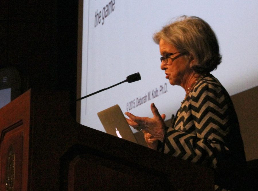 Dr. Deborah Kolb is co-director of negotiations in the workplace at Harvard Law School. She spoke at the Women in Business Conference in the Student Center Ballroom on Wednesday, Mar. 9, 2016.