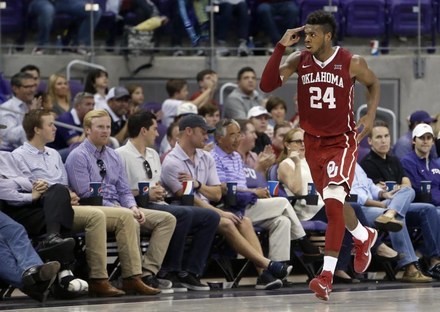 Oklahoma's Buddy Hield (24) gives a 3-point salute during the second half against Texas Christian on Saturday, March 5, 2016, at Schollmaier Arena in Fort Worth, Texas. Oklahoma won, 75-67.