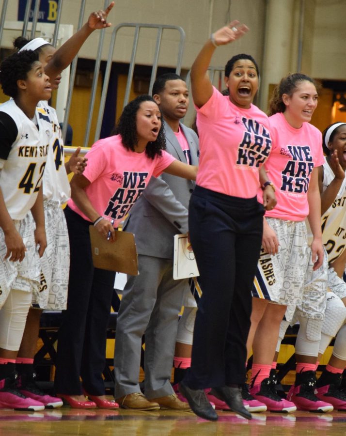 Head coach Danielle O’Banion cheers her team on at the women’s basketball game held in the MAC Center on February 13th, 2016.