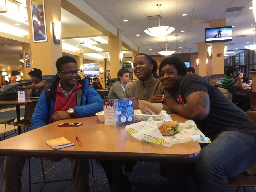 Jamil Garrison, sophomore construction management major, Quinlan Joseph, sophomore aeronautics and Mason Storm, exploratory freshman, in the Hub on Thursday, April 7, 2016.