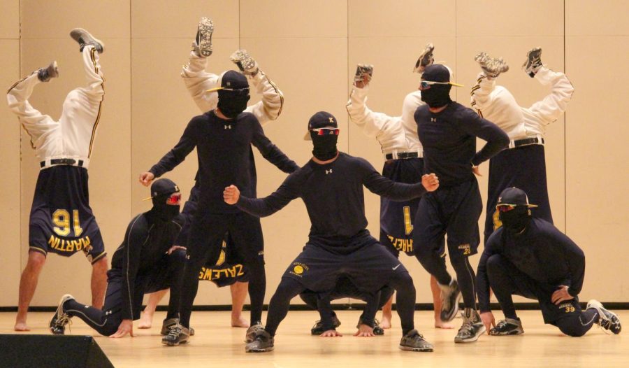 Members of the baseball team perform their routine during the 14th annual Jock Jams at Cartwright Hall on Tuesday, April 12, 2016.