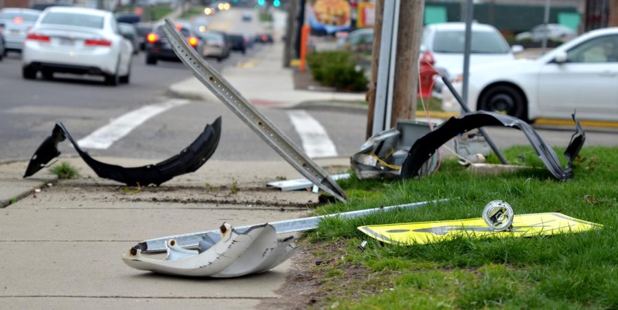 Remnants of a single-car crash in front of the Burger King off of Main Street on April 4, 2016.