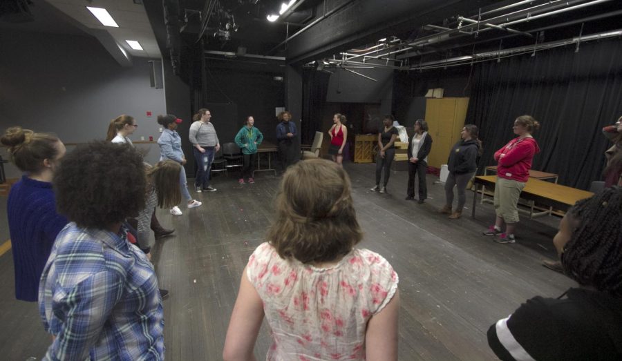 Performers of “The Vagina Monologues” break the ice during their first meeting together as a group after practicing their monologues on their own in Oscar Ritchie Hall Theater on Tuesday, April 12, 2016. The group was asked to answer the question: “What outfit would your vagina wear?”