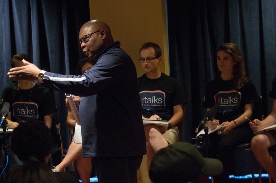 Kelvin Berry, moderator for the Kent Talks event, addresses a question asked by a member of the audience Monday, April 18, 2016.