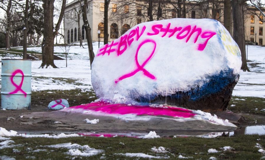 Students painted the rock on the front of campus in honor of President Beverly Warren, who recently revealed that she has been diagnosed with breast cancer. Saturday, April 9, 2016.