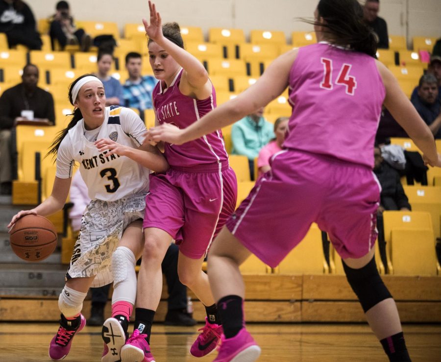 Junior guard Larissa Lurken drives the ball toward the rim at the M.A.C. Center on Saturday, Feb. 13, 2016. Kent State defeated Ball State, 59-50.