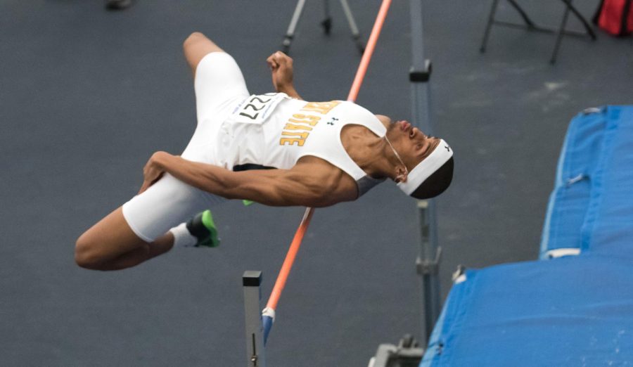 Kent State senior Donovan Tolbert competes in the men’s high jump during the track and field M.A.C. Championships on Saturday, Feb. 27, 2016.