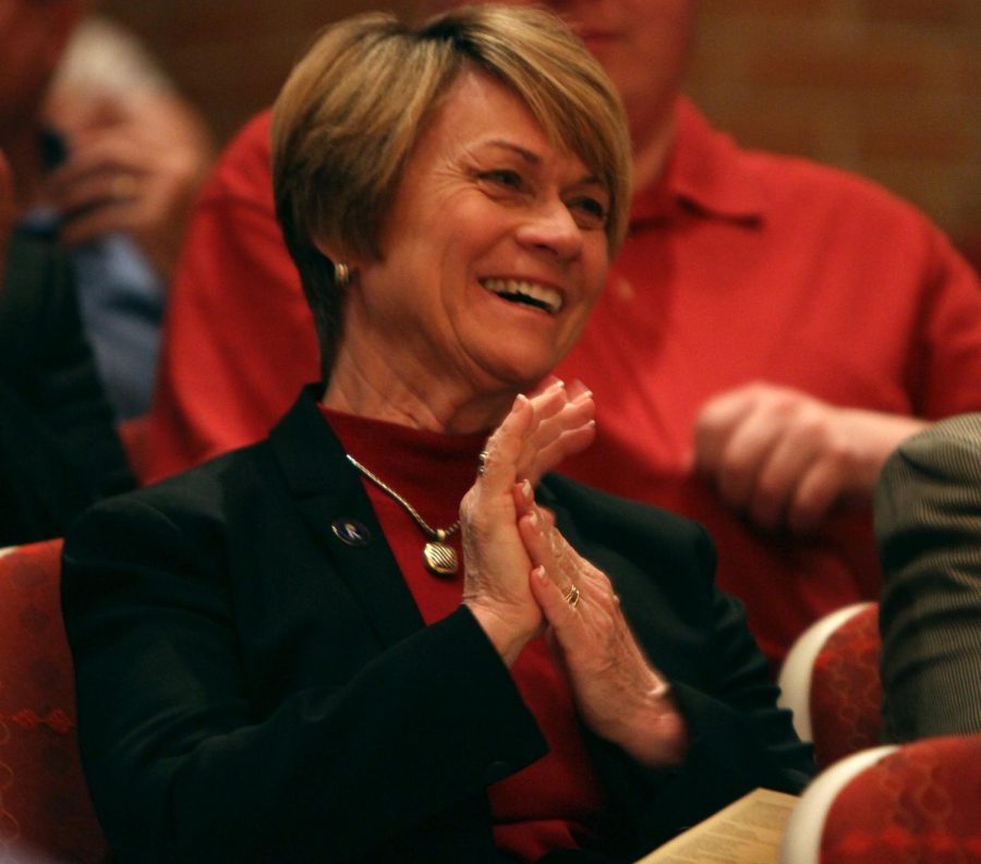 President Beverly Warren applauds after a performance at the Center for Performing Arts on April 24, 2016. This was President Warren's first public appearance since having surgery early this month.