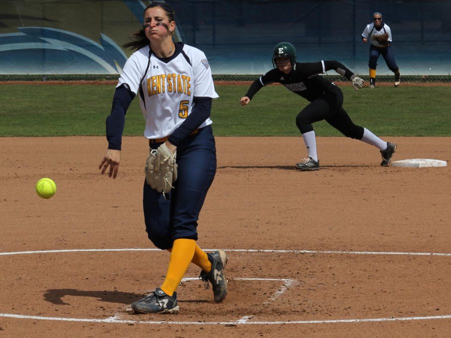 Junior Ronnie Ladines pitches during the softball game against Eastern Michigan University on Friday, April 8, 2016. Kent State lost 0-6.