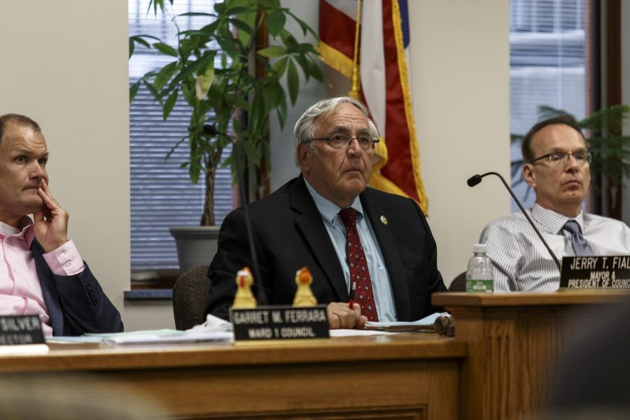 (From left), Kent City Council members Garret Ferrara, ward 1 council, Jerry T. Fiala, mayor and president, Jack Amrhein, ward 2 council, listen to a proposal during a council meeting on Wednesday, June 15, 2016.