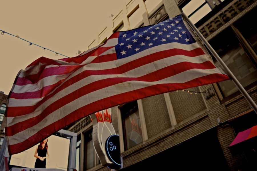 An American flag flies over East 4th Street in downtown Cleveland during the Republican National Convention on Tuesday, July 19, 2016. 