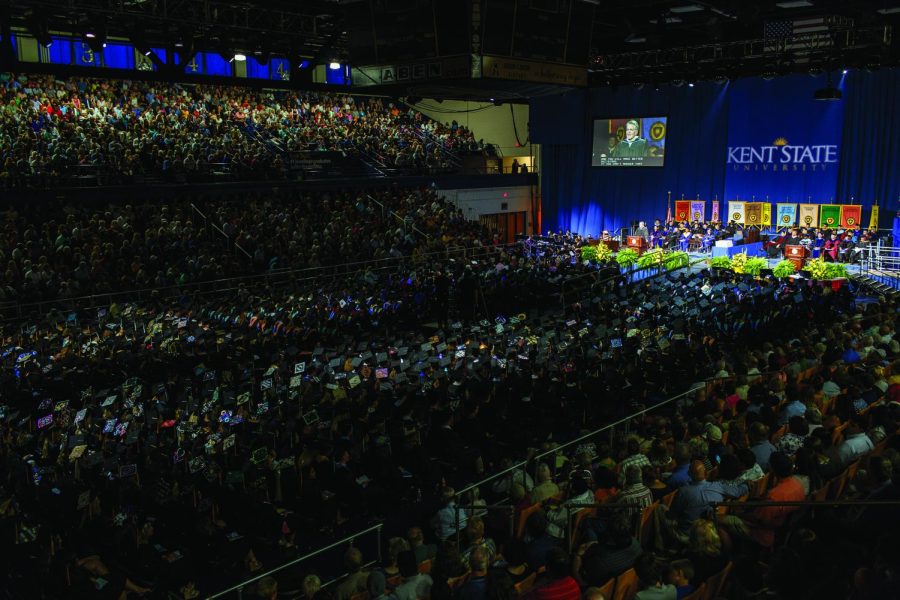 Guest speaker and Kent State alum Don Brown gives advice to the graduating class at the 2016 Summer Commencement in the MAC Center on Saturday, Aug. 20, 2016.