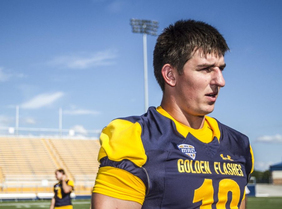 Fifth-year senior Colin Reardon answers questions from reporters about his switch from quarterback to wide receiver at the Kent State football team’s media day at Dix Stadium on Sunday, Aug. 7, 2016.