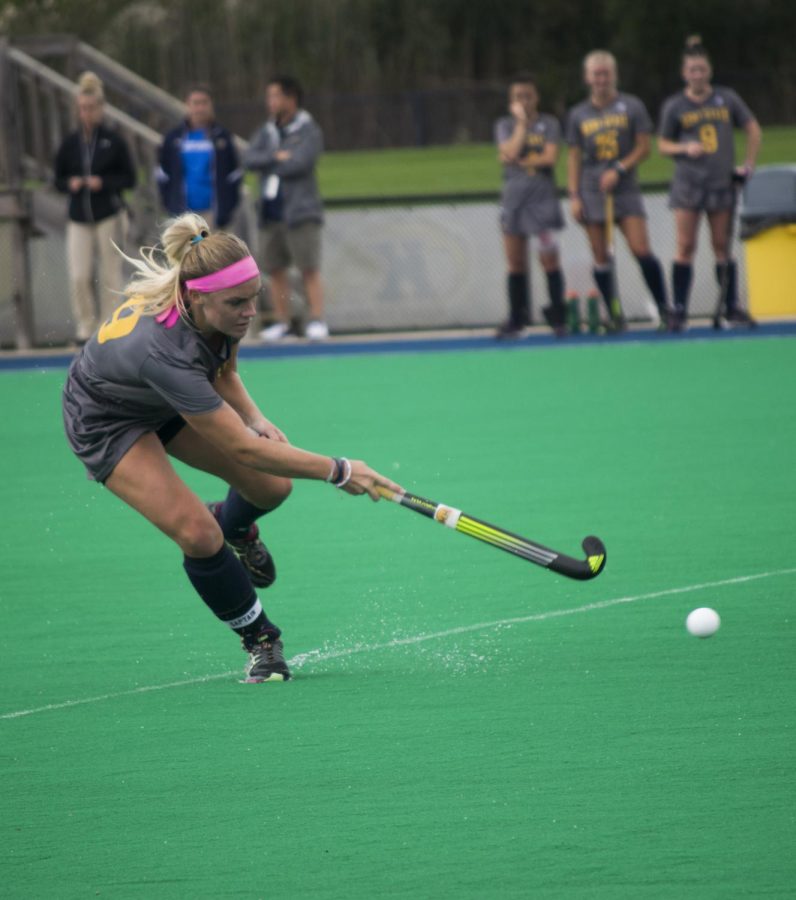 Senior forward Madison Thompson passes the ball to a teammate Sunday, Oct. 2, 2016 in the game against Ohio State University at Murphy-Mellis Field.  