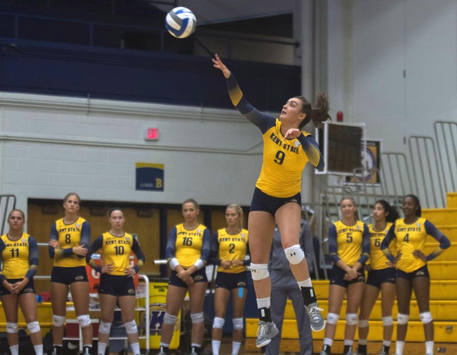 The Kent Stater Sophomore Lexi Mantas jump serves the ball in the Flashes match against Wright State University. The Flashes won 3-0 Friday Sept. 2, 2016.