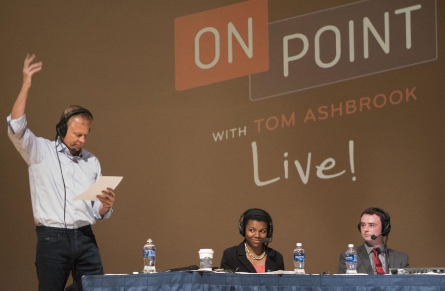 National Public Radio’s Tom Ashbrook, Black United Students' President Chynna Baldwin and Kent Stater Editor-in-Chief Jimmy Miller conduct a panel at NPR’s On Point show at the Kent State KIVA. Thursday, Sept. 15, 2016.