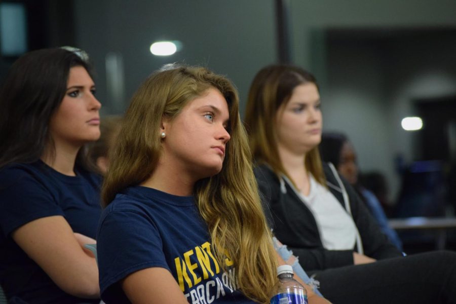 Ally Thompson, freshman exploratory major, watches “Episode One: Sex Trafficking in the USA,” which is part one of the docu-series, “A Path Appears.”“I feel more educated on how some women don’t have the choice of selling themselves. I used to think they made the choice, now I know not to judge right away,” Thompson said.