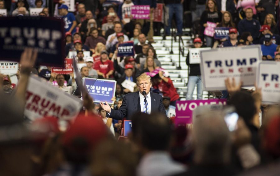 Republican presidential nominee Donald Trump addresses supporters at the IX Center in Cleveland on Saturday, Oct. 22, 2016.