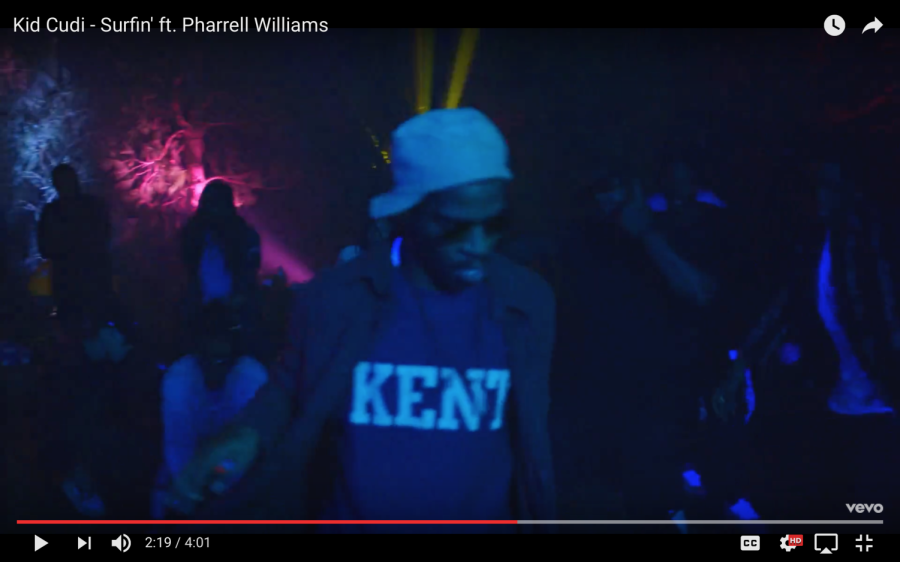 Kid Cudi sports his Kent shirt while dancing in his new "Surfin'" music video. Cudi performed at Kent State in 2010.