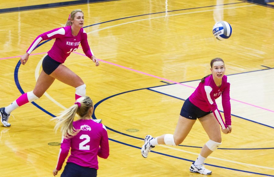 Freshman Claire Tulisiak races to bump the ball against Central Michigan University on Saturday, Oct. 8, 2016 at the M.A.C. Center. Kent State won, 3-0.