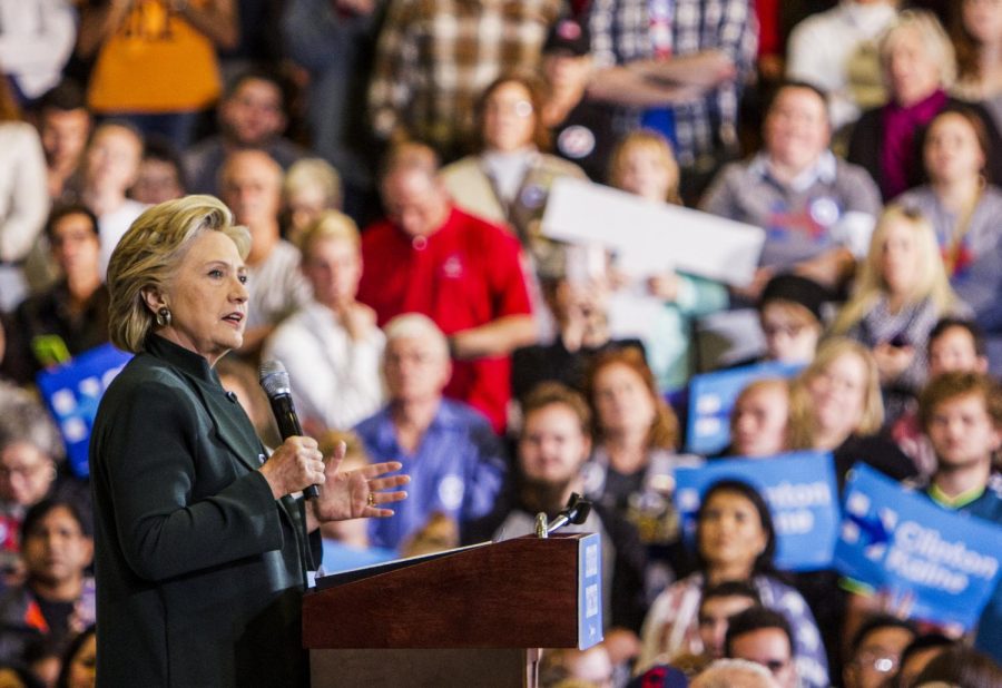 Democratic presidential nominee Hillary Clinton speaks to supporters at Cuyahoga Community College in Cleveland, on Friday, Oct. 21, 2016. 