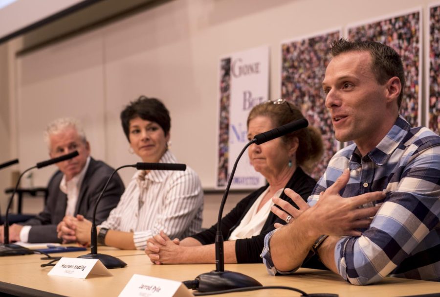 Jarrod Pyle, a recovering heroin addict and treatment counselor for Oriana House, speaks as a panelist for the Effects on Heroin: JMC Conversation forum. Pyle addresses the audience on why he feels the heroin conversation is important to have, on Thursday, Oct. 20, 2016. 