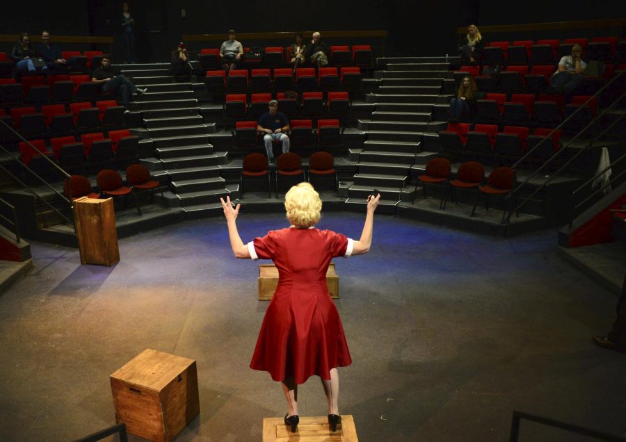 Jess Tanner, a graduate theatre studies major, performs as Irena Gut Opdyke in a rehearsal for Kent State’s production of "Irena’s Vow" in Wright-Curtis Theatre on Thursday, Oct. 13, 2016.