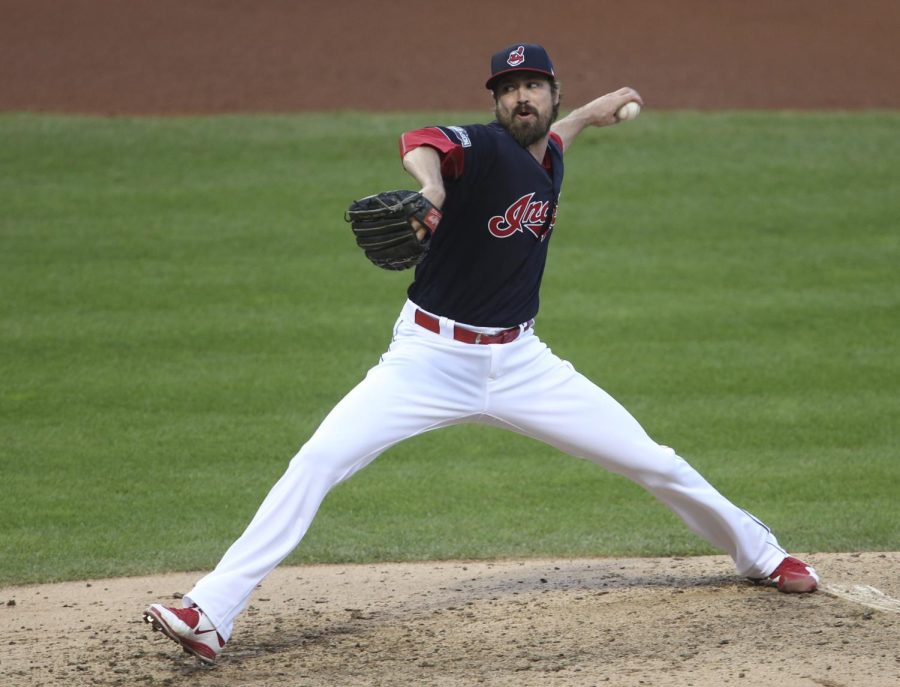 Photo courtesy of Phil Masturzo for Tribune News Service Cleveland Indians reliever Andrew Miller delivers a pitch in the seventh inning against the Toronto Blue Jays during Game 2 of the American League Championship Series on Saturday Oct. 15, 2016, at Progressive Field in Cleveland. The Indians won, 2-1, for a 2-0 series lead.