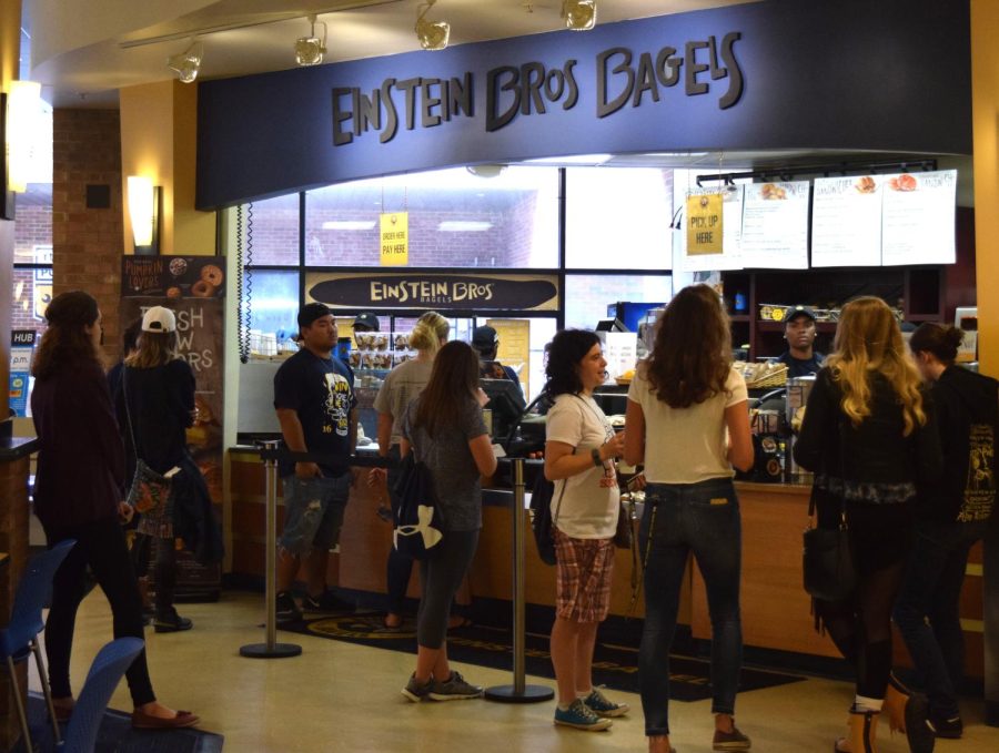 Students gather outside Einstein Bros Bagels in The Hub on Saturday, Oct 1, 2016.