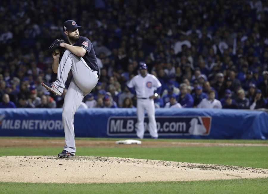 Cleveland Indians starting pitcher Corey Kluber (28) during the 3rd inning on Saturday, Oct. 29, 2016 in Game 4 of the World Series at Wrigley Field in Chicago. Photo courtesy of Nuccio DiNuzzo, Chicago Tribune