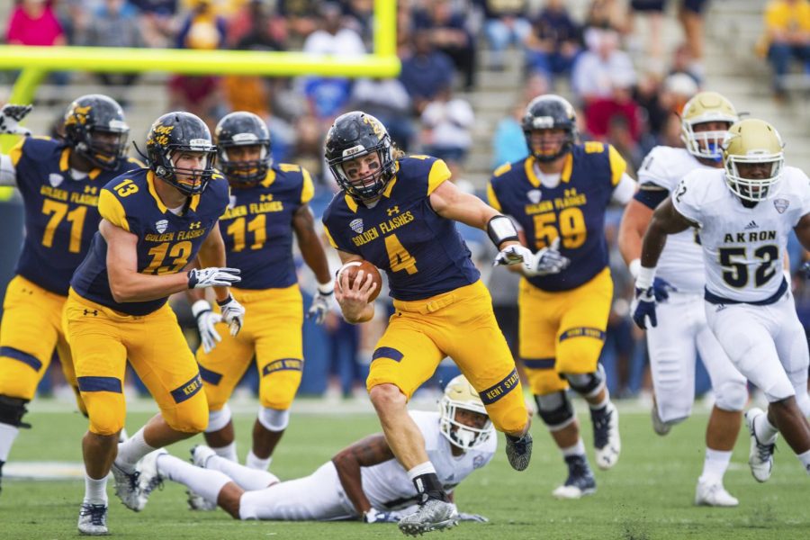 Junior running back Nick Holley started as quarterback for the Flashes against The University of Akron on Saturday, Oct. 1, 2016, at Dix Stadium. 