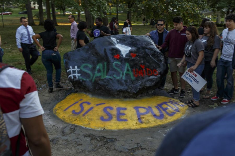 Students gather to support SALSA (Spanish and Latino Student Association) in protest against last weekend's discriminatory chants during the Homecoming parade, on Thursday, Oct. 6, 2016.