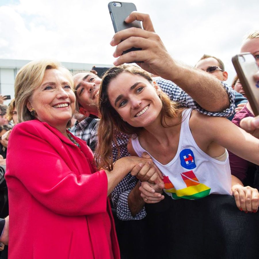 Beatrice Cahill-Camden, a junior international relations major, shakes Democratic presidential nominee Hillary Clinton’s hand. Cahill works on Clinton's campaign as a Correspondence Intern, where her main duties involve connecting with voters.