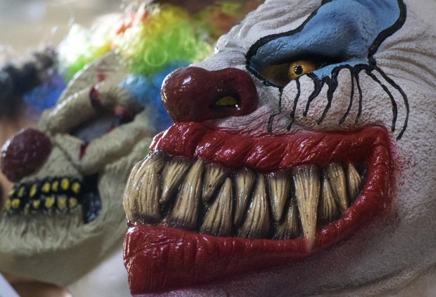 Clown masks sit idle on a shelf at Mr. Fun's Costume &amp; Magic Emporium in Cuyahoga Falls, Ohio, on Thursday, Oct. 26, 2016