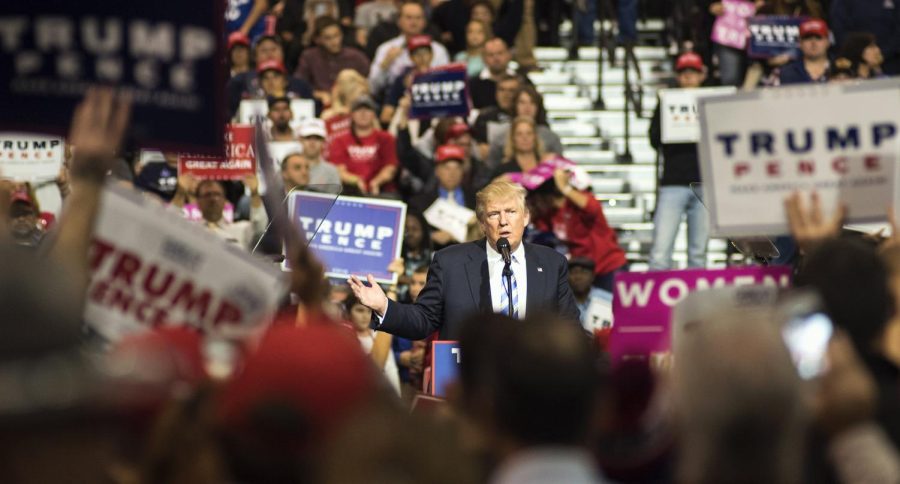 Clint Datchuk / The Kent StaterRepublican presidential nominee Donald Trump addresses supporters at the IX Center in Cleveland on Saturday, Oct. 22, 2016.