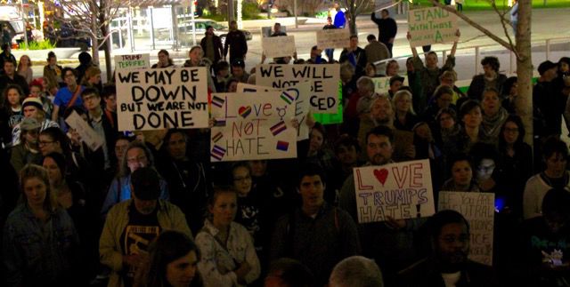 Hundreds of anti-Trump protesters gather for the “Trump is Not My President” protest in Cleveland Public Square on Friday, Nov. 18, 2016.