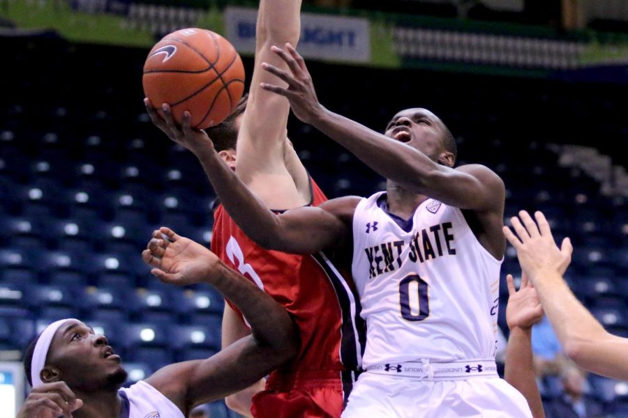 Kent State sophomore guard Jalen Avery (#0) goes for the basket in Kent State’s game against South Dakota University in the first game of the Gulf Coast Showcase in Estero, Florida, on Monday, November 21, 2016. The Flashes lost to South Dakota, 80-77.