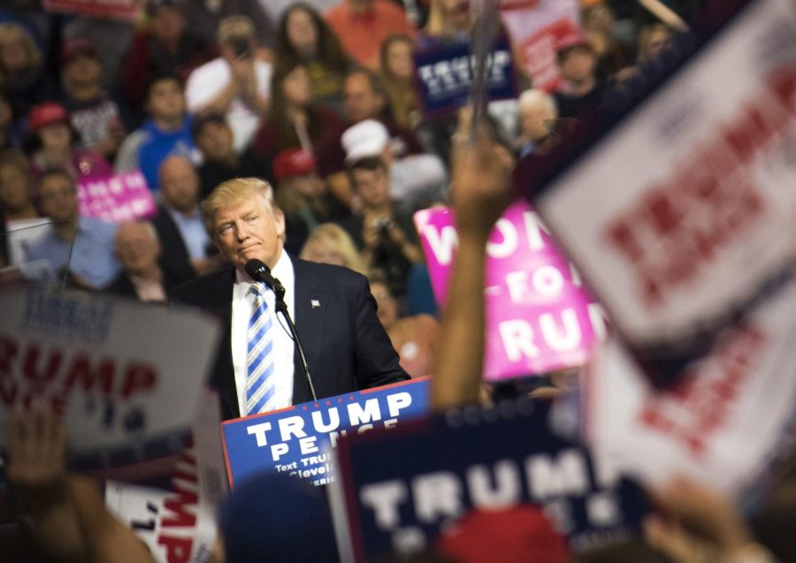 Republican presidential nominee Donald Trump addresses supporters at the IX Center in Cleveland on Saturday, Oct. 22, 2016.