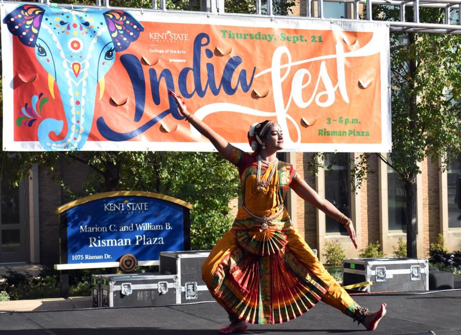 Prashanthi Jeevan, a digital sciences graduate student, performs the a southern Indian dance at Kent State's first-ever India Fest Thursday, Sept. 21, 2017