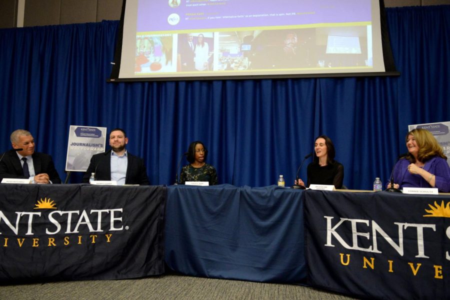 Russ Mitchell, of WKYC, moderates a panel discussion of media professionals at JMC’s Way Forward to discuss the current state of journalism in post 2016 election America on Thursday, Jan. 26, 2017. The panel included Henry Gomez, Cheryl Ann Lambert, Jacqueline Marino, Connie Schultz and Chance York. Participants live tweeted and asked questions about what is to come for the media profession.