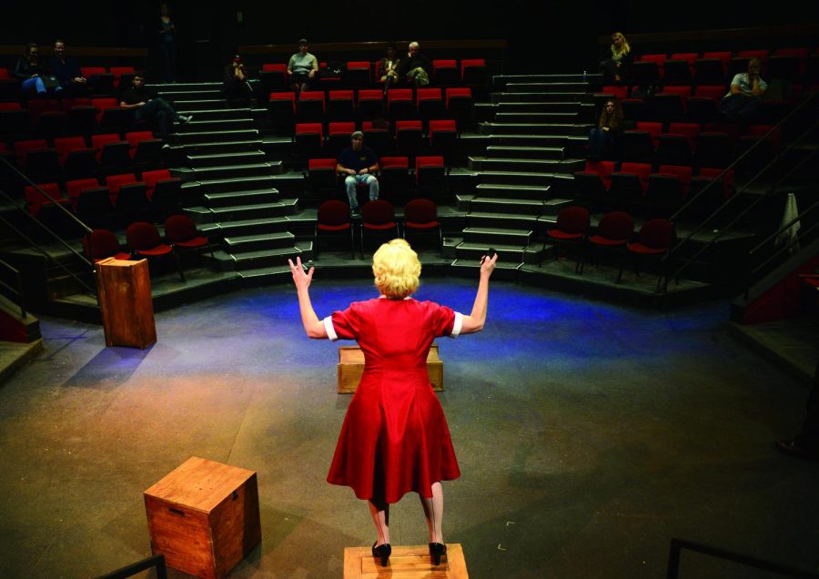 Jess Tanner, a graduate theatre studies major, as Irena Gut Opdyke in a rehersal for Kent State’s production of "Irena’s Vow" in Wright-Curtis Theatre on Thursday, Oct. 13, 2016.