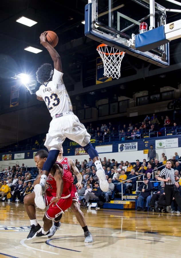 Kent State sophomore guard Jaylin Walker goes up for a drunk in transition against Northern Illinois University at the M.A.C. Center on Tuesday, Jan. 10, 2016. Kent State lost 70-74 in overtime.