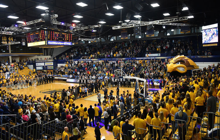 Thousands of Kent State students, family and local residents turn out for the first home game of the spring semester on Saturday, Jan. 21, 2017. Renovations and new branding were unveiled for the women and men's basketball programs, as well as the M.A.C. Center. 