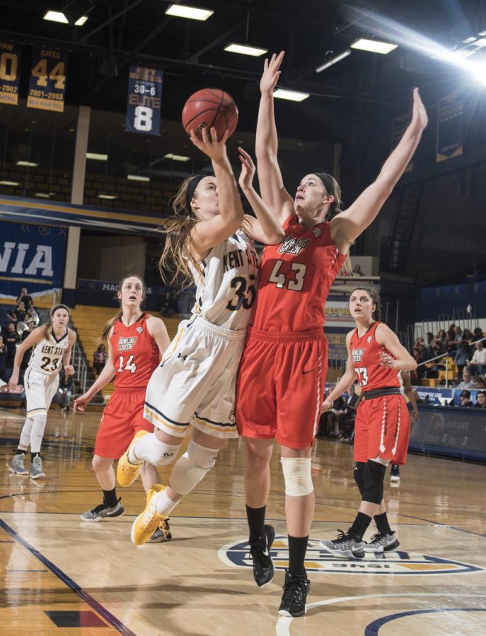 Junior forward Jordan Korinek shoots a layup against Bowling Green University on Saturday, Jan. 28, 2017 at the M.A.C. Center. Kent State won, 80-78.