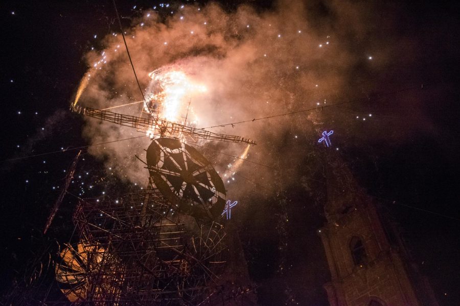 A “Castillo”, a wooden structure designed to display and handle various fireworks, dispenses fire in front of a church in Degollado, Mexico on Dec. 31, 2016. Castillos are a staple in Mexican culture, used primarily during December in honor of Christmas and New Year’s Eve.