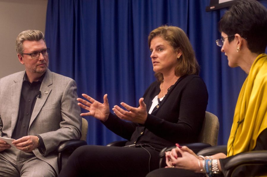 Guest speaker and Communications Director for Homeland Security Susan Phalen speaks during the JMC Convo: Navigating the Noise Thursday, Feb. 23. “I read a lot of outlets and triangulate news to navigate noise. We’re all sitting in this room but we see news differently,” Phalen said.