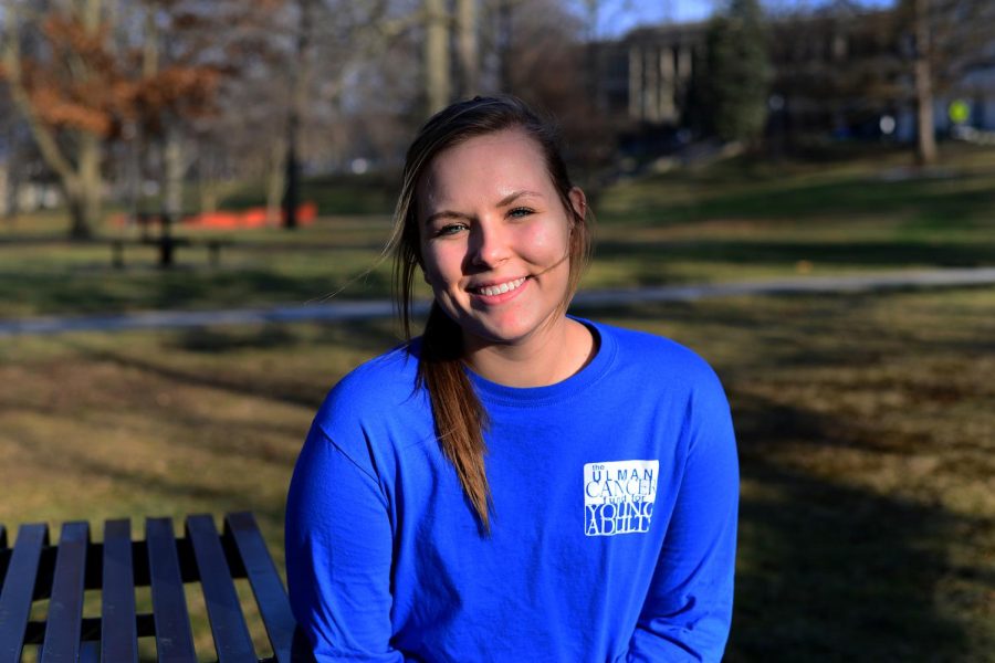 Kaitlyn Redovian, Kent State senior nutrition and exercise science major, poses for a portrait on front campus on Monday, Feb. 6, 2017, Redovian is participating in the Ulman Cancer Fund's 4k for Cancer program. Her team will run coast to coast this summer, stopping by hospitals around the country to visit cancer patients and deliver chemo care bags. 