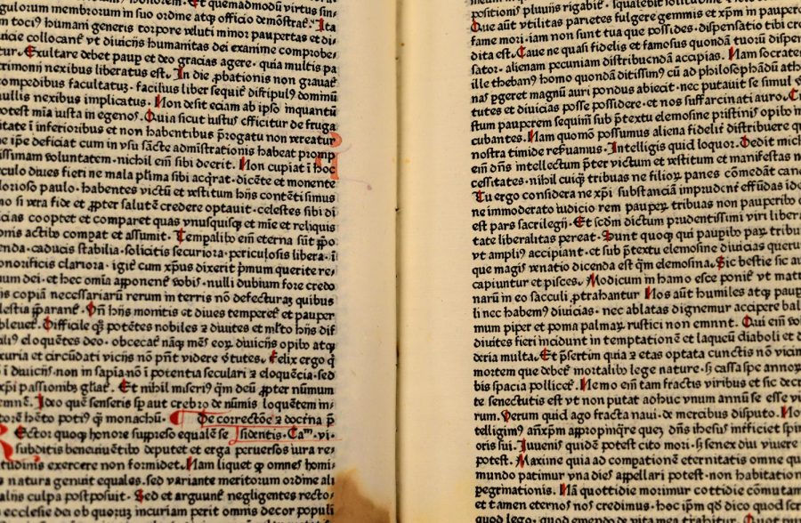 On the 12th floor of the Kent State University Library is the Library Collections and Archives that holds a collection of historic books and items. This book is the oldest printed book in the collection, printed in 1470. Inside are the writings of St. Jerome, in Latin. St. Jerome is the patron saint of librarians and is best known for translating most of the Bible into Latin.