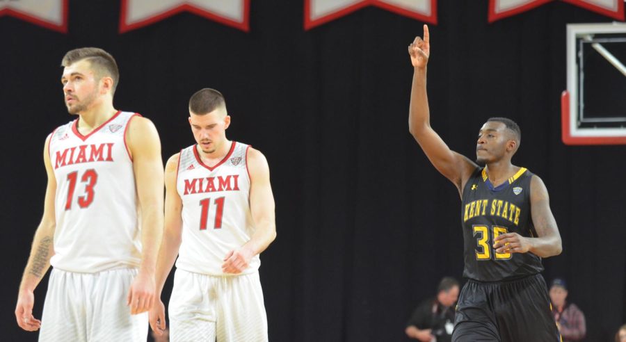 Kent State senior forward Jimmy Hall celebrates after beating Miami University at the John D. Millet Hall in Oxford, Ohio, on Saturday, Feb. 4, 2017. Kent State won 66-62.